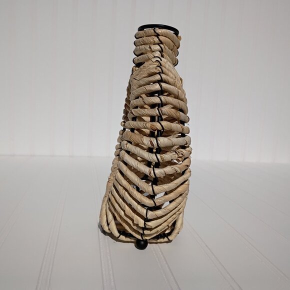 Vintage Wrought Iron Rattan Wrapped Donut Vase Boho Southwestern Candle Holder - Picture 7 of 12